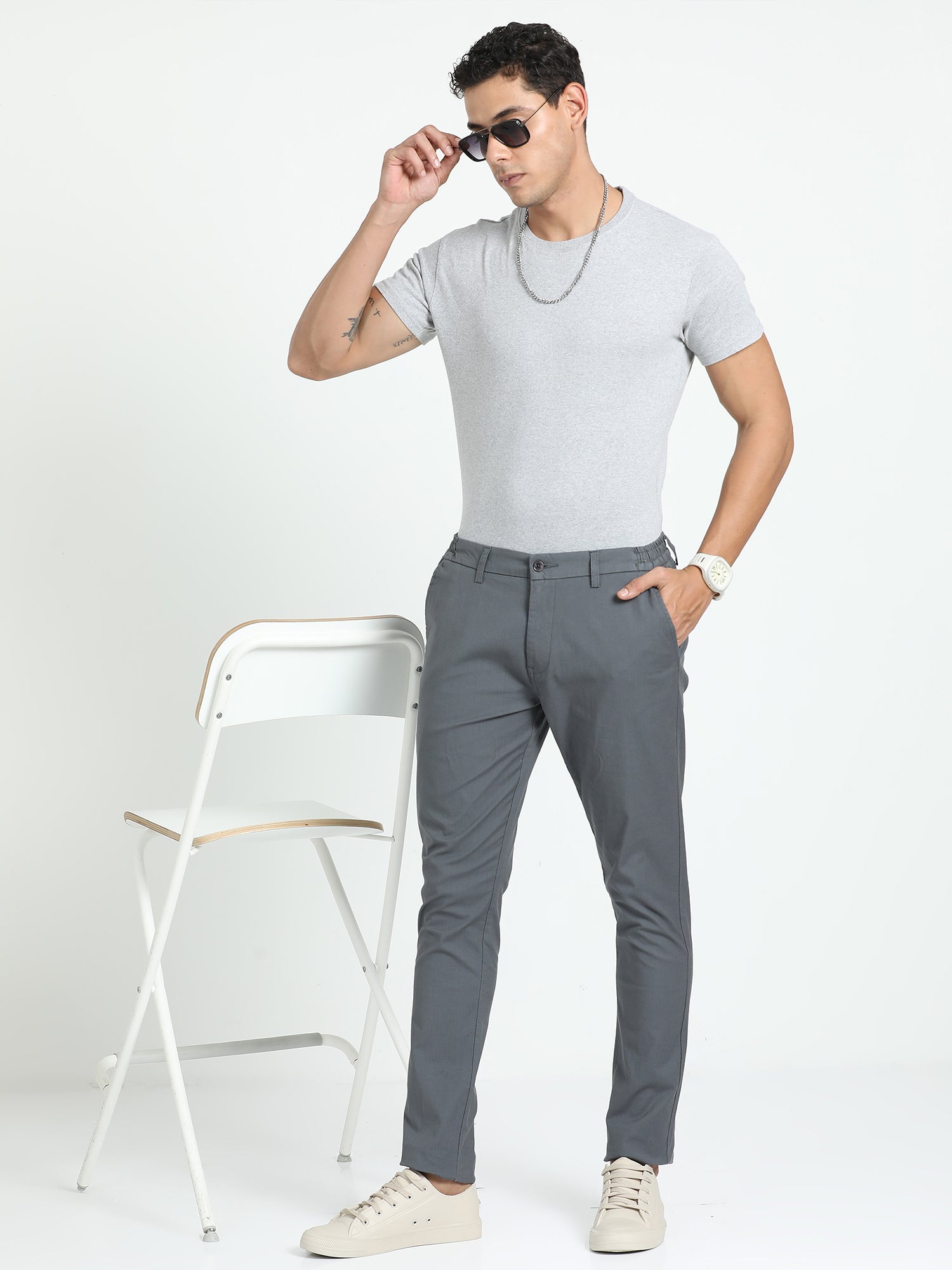 Buy Men Cream Check Slim Fit Trousers Online - 809156 | Van Heusen
